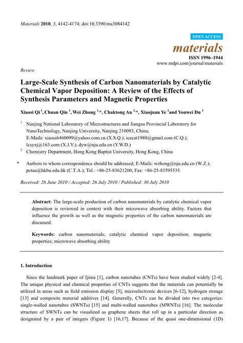 Large Scale Synthesis Of Carbon Nanomaterials By Catalytic Chemical Vapor Deposition A Review