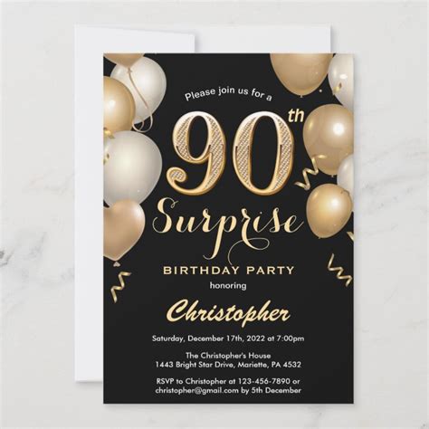 Surprise 90th Birthday Black And Gold Balloons Invitation Zazzle