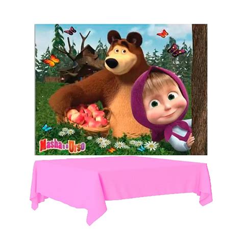 kit festa Masha e o Urso Decora Painel Toalha Rosa Plástica