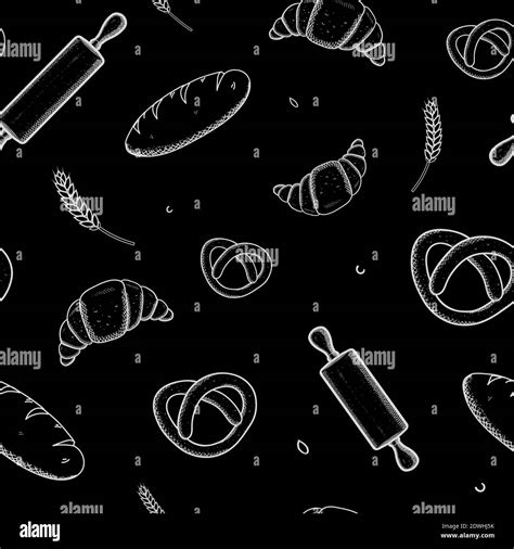 Hand Drawn Seamless Pattern Sketches On Chalkboard Of Bread And Bakery