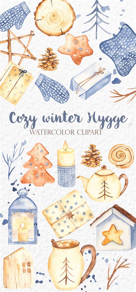 Cozy Winter Hygge Watercolor Clipart Lantern Wooden Etsy Winter