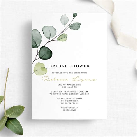 Eucalyptus Invite Modern Simple Greenery Bridal Shower Invite Template Editable Instant Download