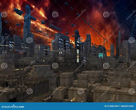 Dystopian Cityscape With Decaying Buildings And Ominous Dark Atmosphere