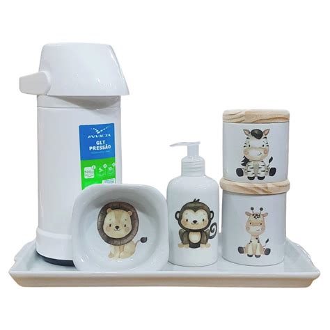 Kit Higiene Bebê Safari 6 Peças peças Porcelana Tampas Pinus