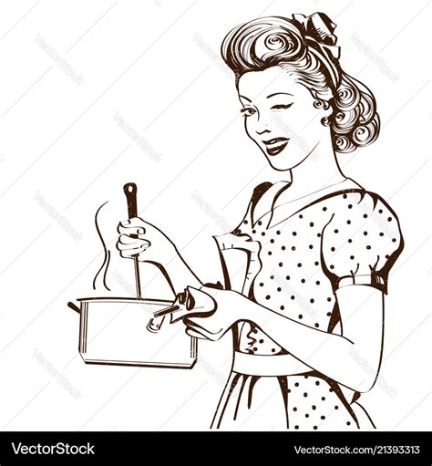 Retro Young Woman In Clothes Cooking Soup Vector Image