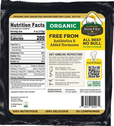 Sunfed Ranch 100 Grass Fed 90 Lean Organic Ground Beef 1 Lb Kroger