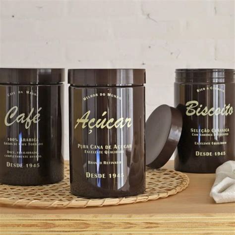 Conjunto de 3 Potes 1450ml Café Açúcar Biscoitos Marrom MOKACCINO