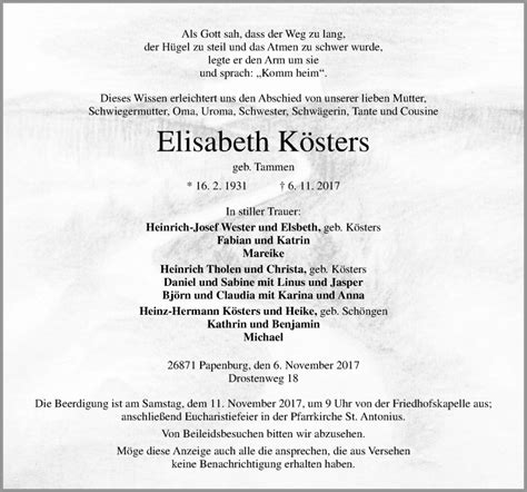 Traueranzeigen Von Elisabeth K Sters Noz Trauerportal