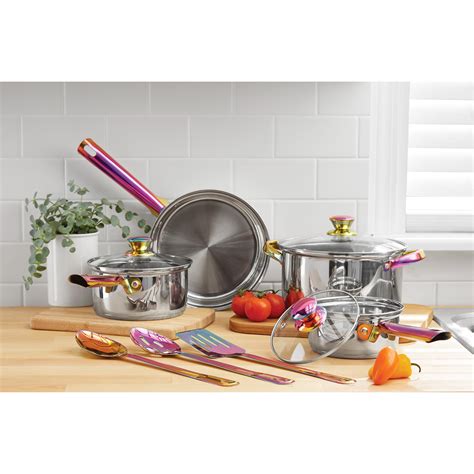 Mainstays Iridescent Stainless Steel 10 Piece Cookware Set With Kitchen Utensils