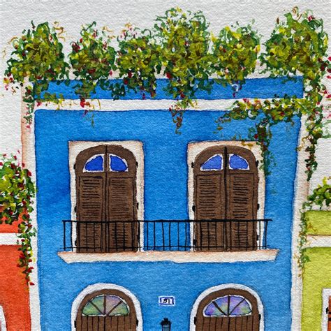 Old San Juan Painting With Orange Blue And Green House Etsy