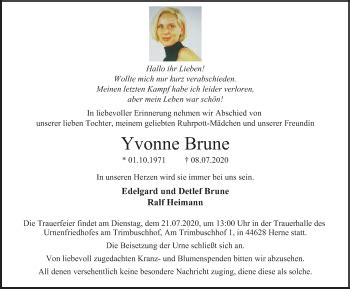 Traueranzeigen Von Yvonne Brune Trauer In Nrw De