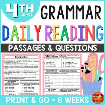 Daily Comprehension Grammar Passages Warm Ups Bell Ringer Fourth Grade