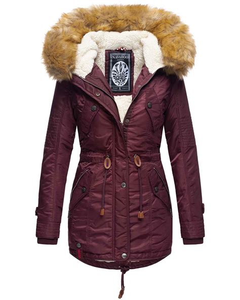 Navahoo Warme Damen Winter Jacke Mit Teddyfell B Weinrot Gr E L