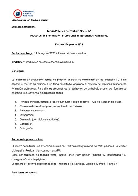 Consigna Parcial N Licenciatura En Trabajo Social Espacio