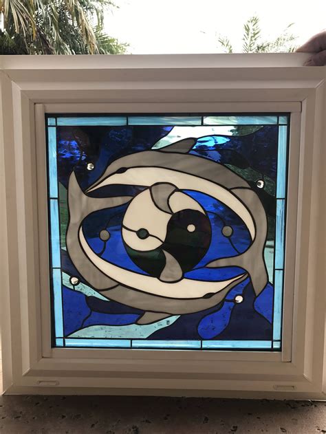 Dolphins And Ying Yang Textured Beveled Stained Glass Window Etsy