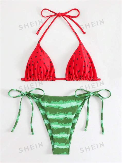 Shein Swim Mod Summer Beach Watermelon Print Halter Bikini Set