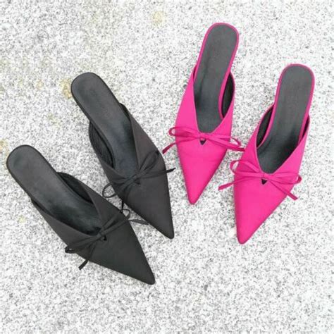 Womens Satin Slippers Kitten Heels Pointed Toe Bowknot Slip On Slides