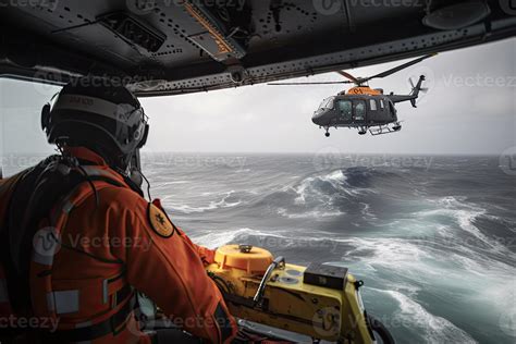 Search And Rescue Operation In Sea Emergency Rescue Helicopter Flies