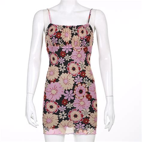 Vintage Floral Print Bodycon Mini Dress Women Spring Summer Etsy