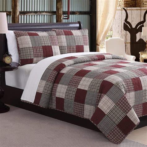 OSVT 2 Piece Red Grey Plaid Patchwork Pattern Quilt Twin Set Beautiful