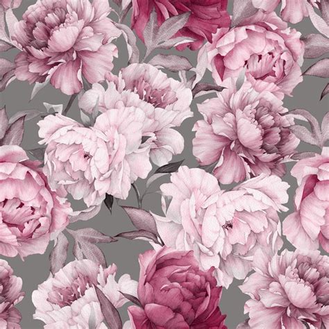 Pink Peony On Gray Background Peel And Stick Wallpaper Wallpaper Etsy