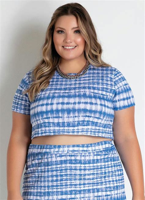 Cropped Tie Dye Azul Mangas Plus Size Marguerite