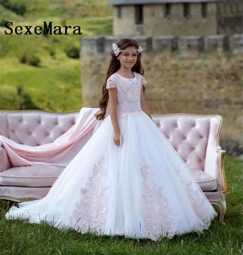 Princess Beautiful Pink Lace Flower Girl Dresses For Weddings Puffy