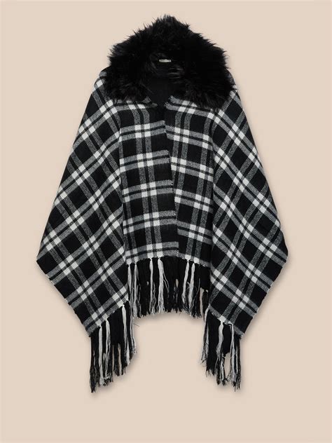 Poncho Check Con Pelliccia Sintetica