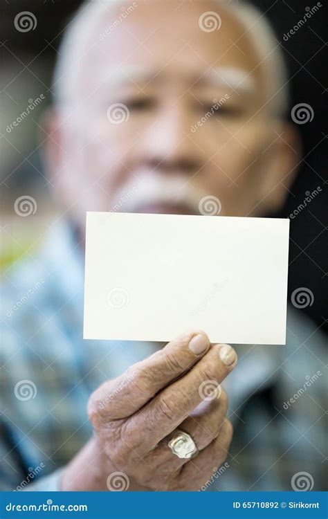 Asian Old Man Shows His Blank Business Card Stock Photo Image Of Mature Moustache