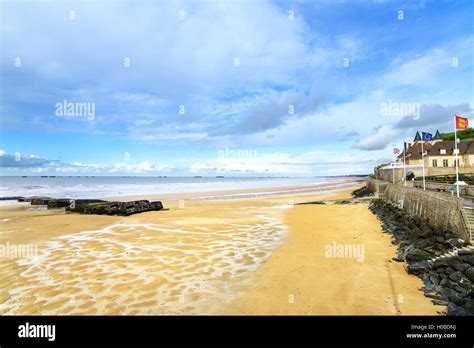 Arromanches les Bains, seafront beach and remains of the artificial harbour, used on D-Day in ...