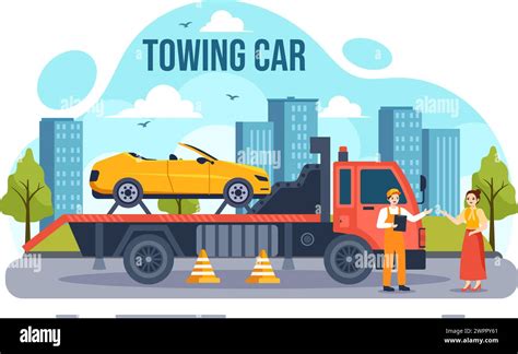 Auto Towing Car Vector Illustration Using A Truck With Roadside