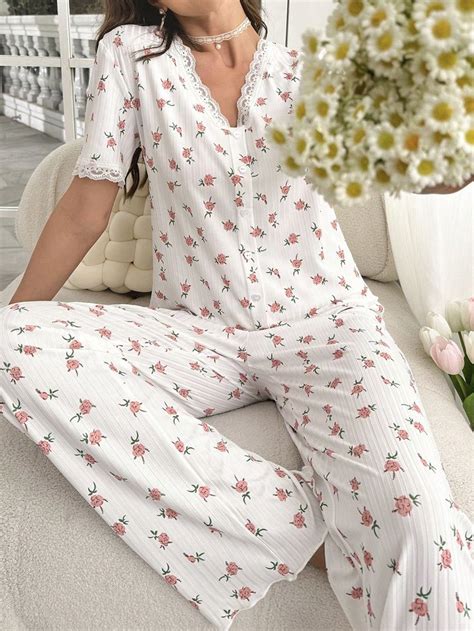 Floral Print Lace Trim Pj Set Loungewear Outfits Silk Pajamas Women