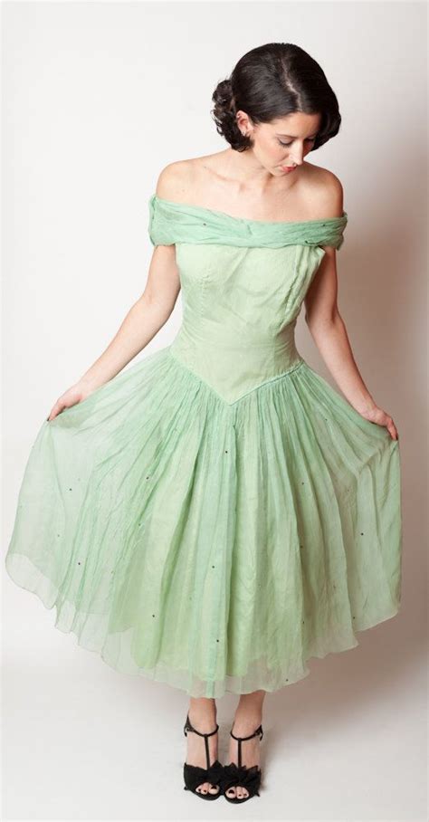 50s Prom Dress Tea Length Off The Shoulder Mint Green Xs Petite Chiffon