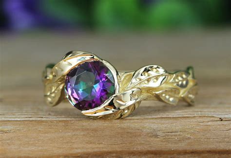 Rainbow Mystic Topaz Gold Ring Mystic Topaz Leaf 14k Yellow Gold Ring