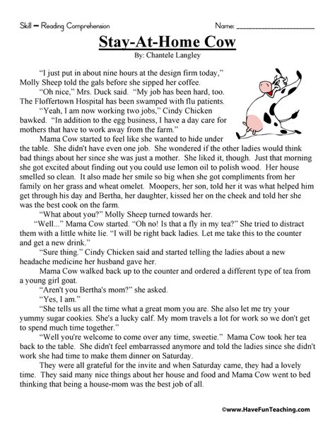 Stay At Home Cow Reading Comprehension Worksheet Have Fun Teaching