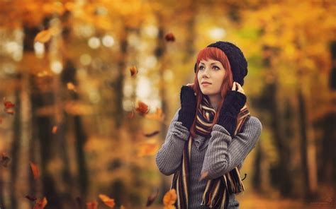 Wallpaper Fall Leaves Women Outdoors Redhead Autumn Beauty