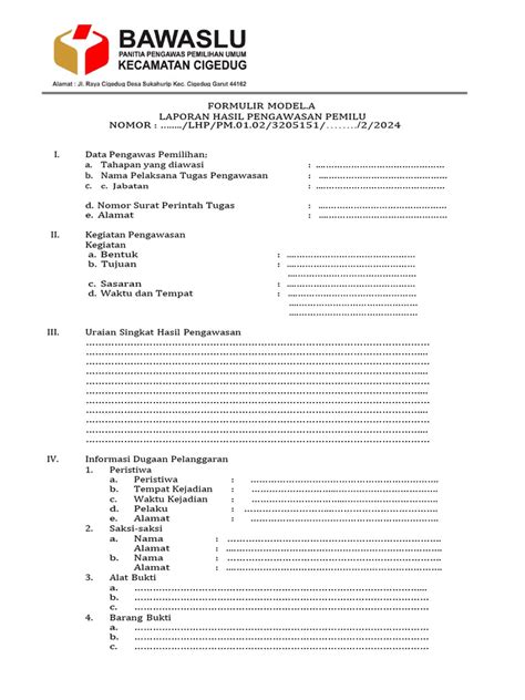 Formulir Model A Pengawasan Pemilu 2024 Pengawas Tps Kosong Pdf