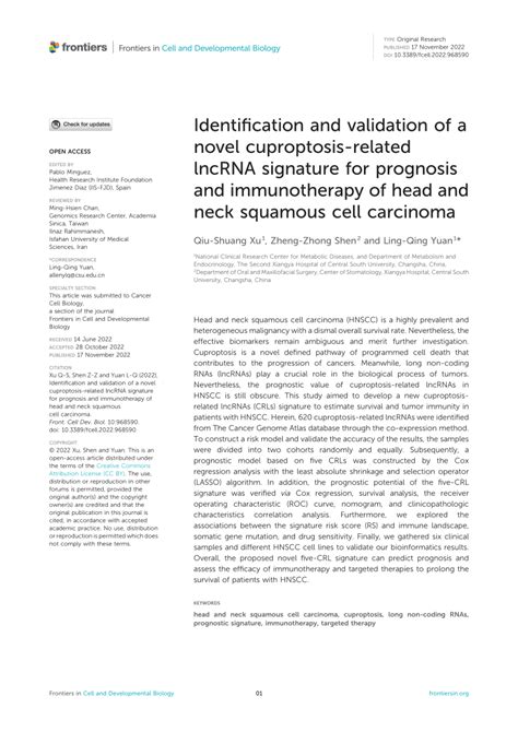 Pdf Identification And Validation Of A Novel Cuproptosis Related