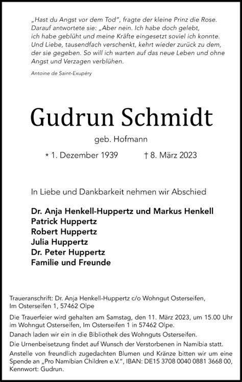 Traueranzeigen Von Gudrun Schmidt Trauer In Nrw De