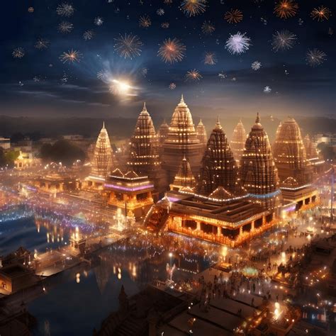 Eine Wundersch Ne Diwali Nachtansicht Eines Ayodhya Tempels Der Von