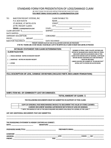 Fillable Online Standard Form For Presentation Of Loss And Damage