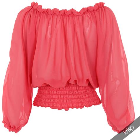 Womens Chiffon Off Shoulder Top Retro Boho Gypsy Split Sleeve