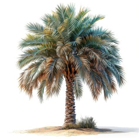 Majestic Date Palm Tree In Desert Landscape Isolated On White