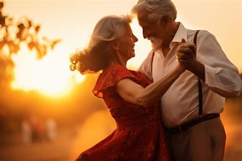 Una Feliz Pareja De Ancianos Bailando Rom Ntica Y Amorosa Al Atardecer