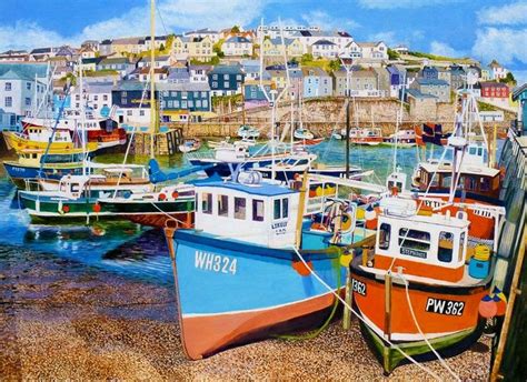 Mevagissey Harbour At Low Tide Oil Painting By Artist Roger Turner