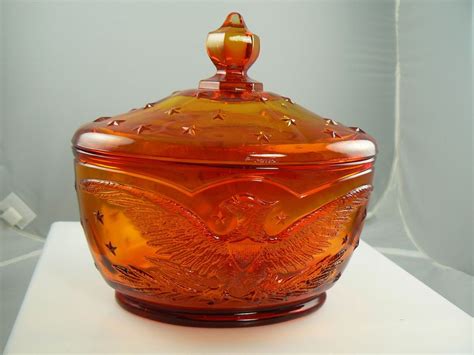 Vintage Le Smith Red Yellow Amberina Glass Eagle And Stars Candy Dish W