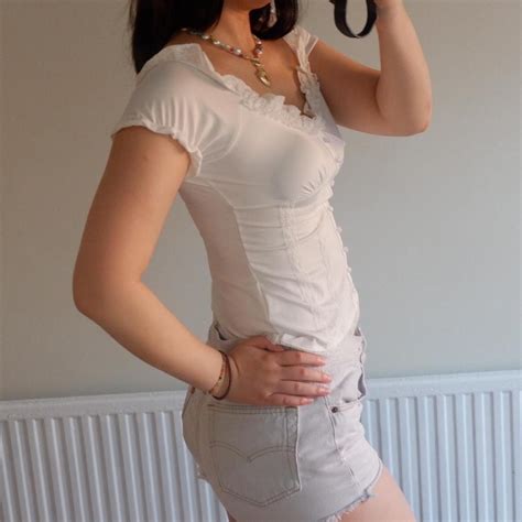 Y2k White Milkmaid Top With Small Cap Sleeves Depop