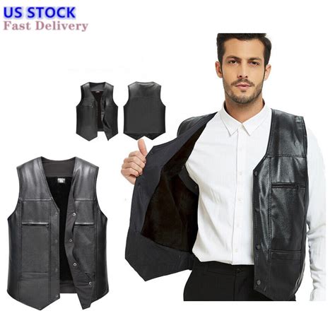 Mens Leather Vest Black Warm Biker Motorcycle Waistcoat Autumn Winter Pu Vest Ebay