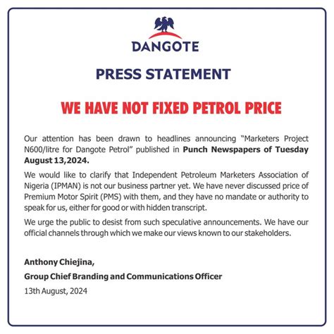 Dangote Speaks On Fixing Petrol Price At Litre After Ipman Statement