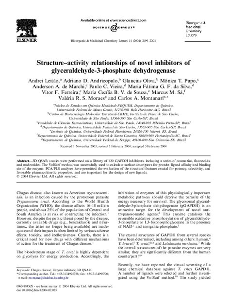 (PDF) SAR of GAPDH Inhibitors via 3D QSAR Analysis